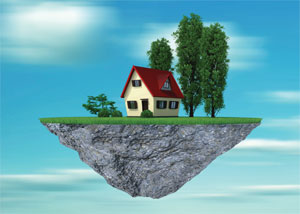 house with trees on rock floating in sky