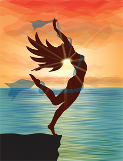 Woman silhouette standing on rock overlooking sunset over ocean