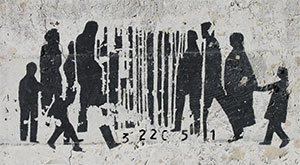 Silhouette of people over bar code