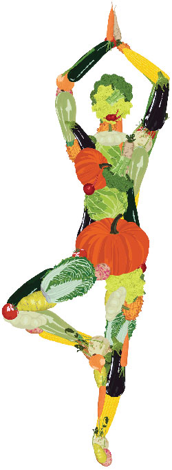 fruit and vegetable collage in shape of person doing yoga tree pose