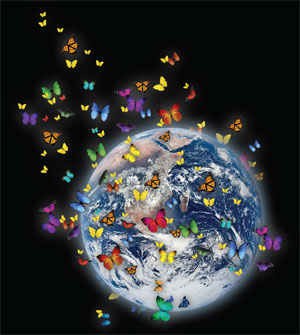 butterflys around earth floating in dark sky