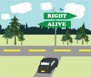 Car on road with two signs pointing in opposite directions - right and alive