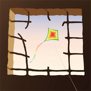 window with view of kite in sky