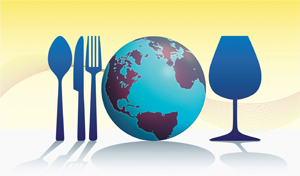 

Place setting with fork, spoon, knife and world as plate 