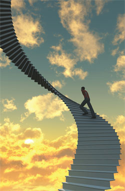 Man walking up staircase to the sky