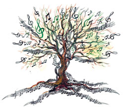 Tree with musical notes on branches and roots