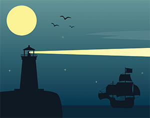 lighthouse with ship and full moon