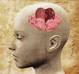 Female face with heart and roses on place of brain