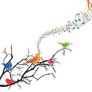 Music notes and birds on a branch