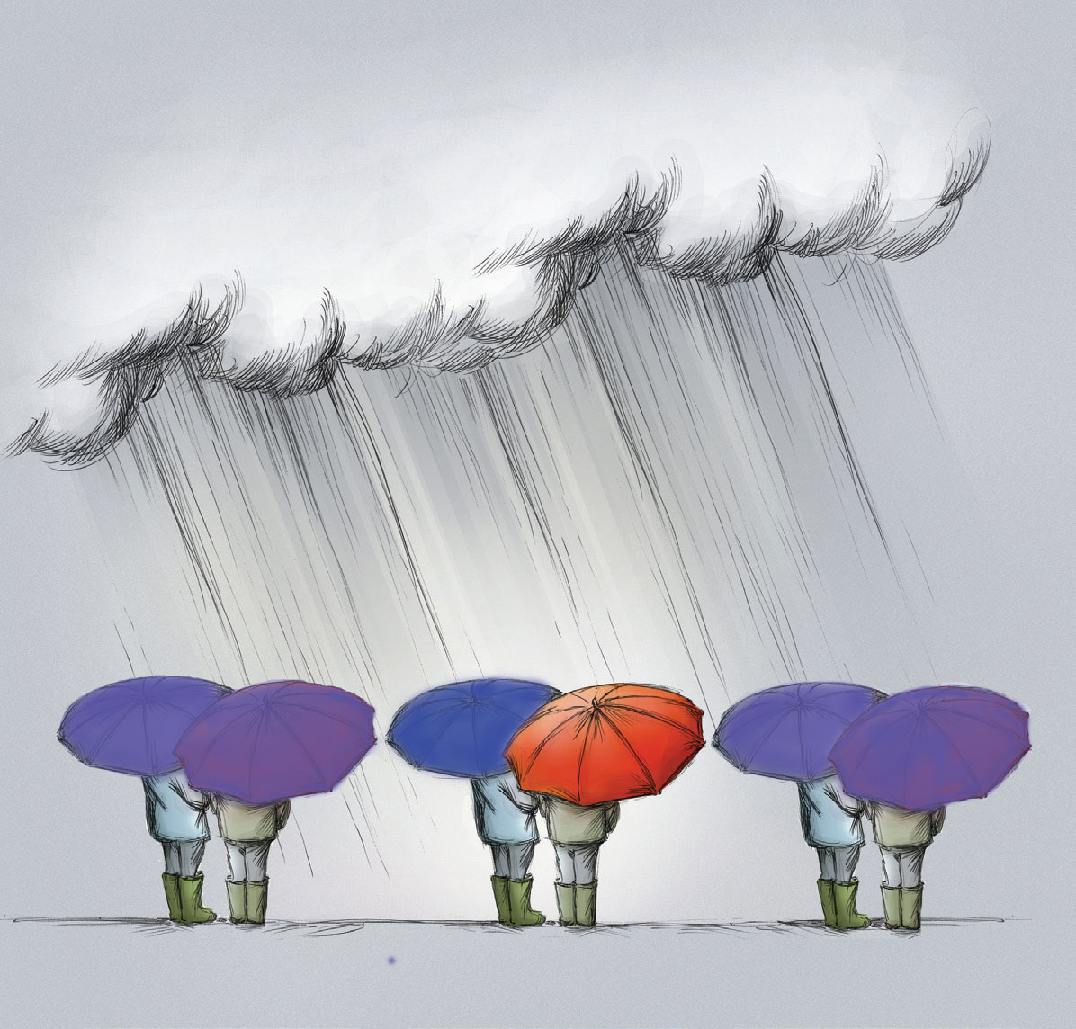 four people under umbrellas in the rain
