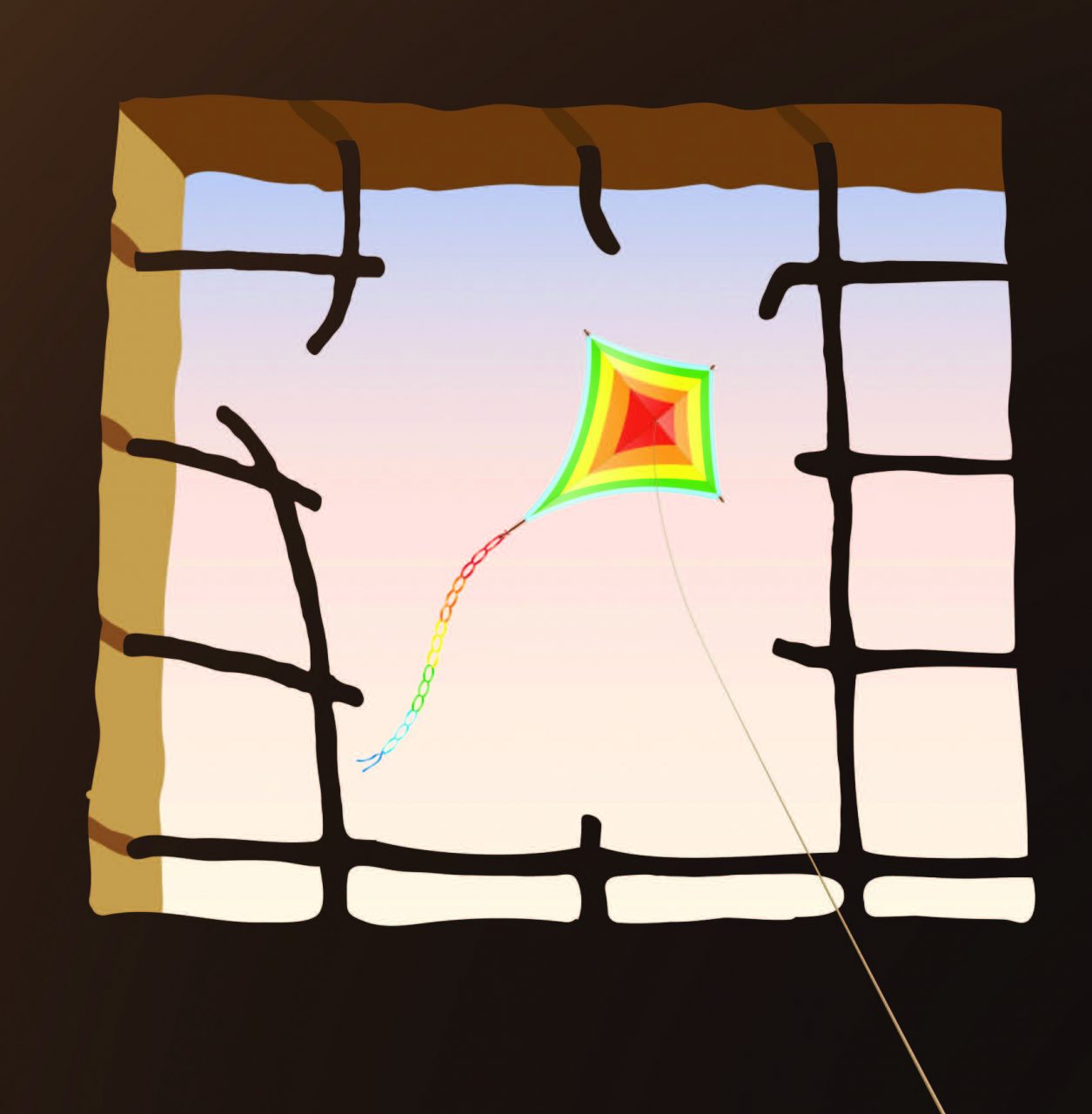 broken window with kite flying through it