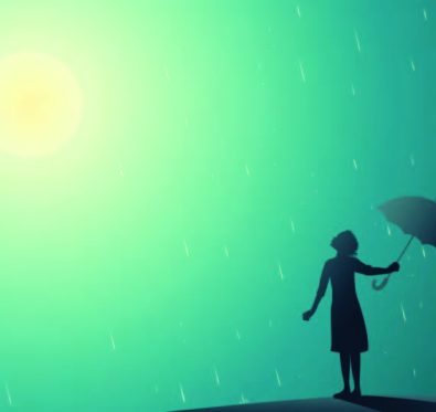girl looking up at the sun holding an umbrella